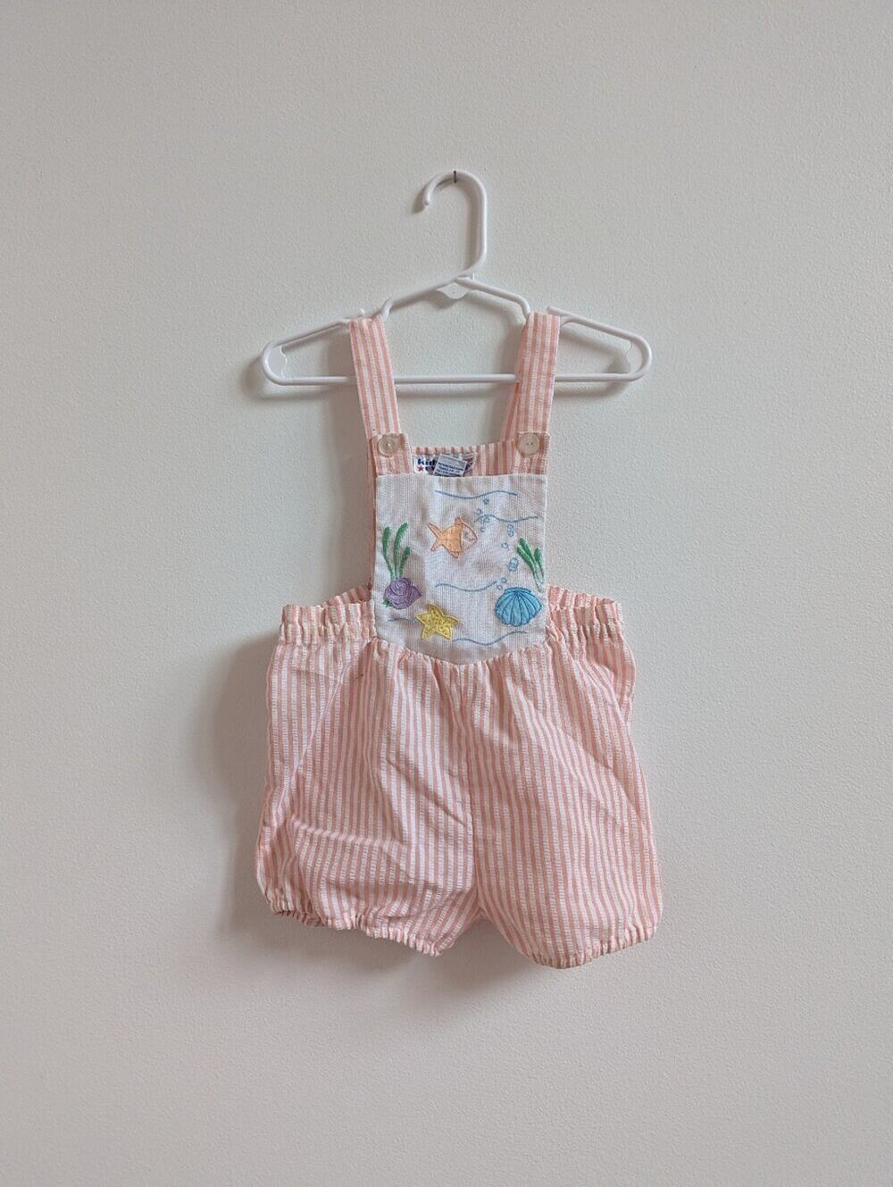 Vtg 80s Kid Exchange Romper 18-24m Pink Stripe Sealife Ocean Beach
